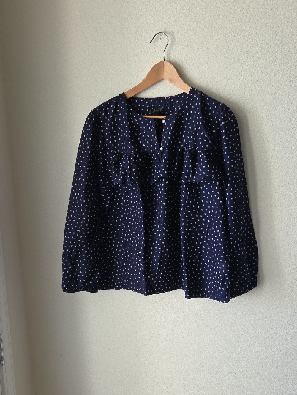 J. Crew Silk and Cotton Navy Blue Cherries Polka Dot Ruffle Yoke Blouse Sz L